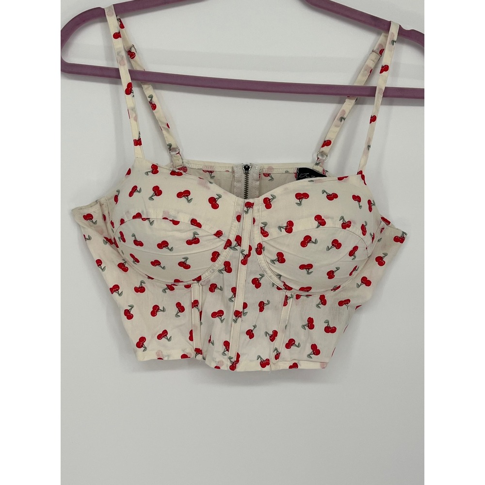 Say What? Cherry Print Corset Crop Top Women M Cream Red Bustier Back Zip
Y2K